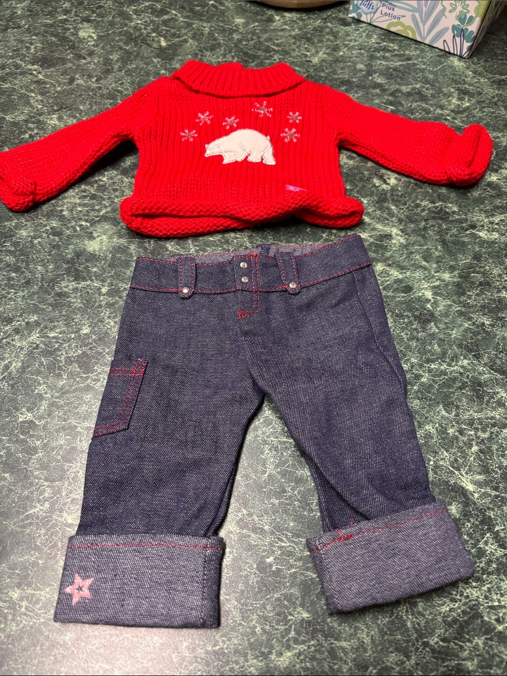 American Girl Red Knit Holiday Sweater with Silver Snowflake Accents and Jeans
